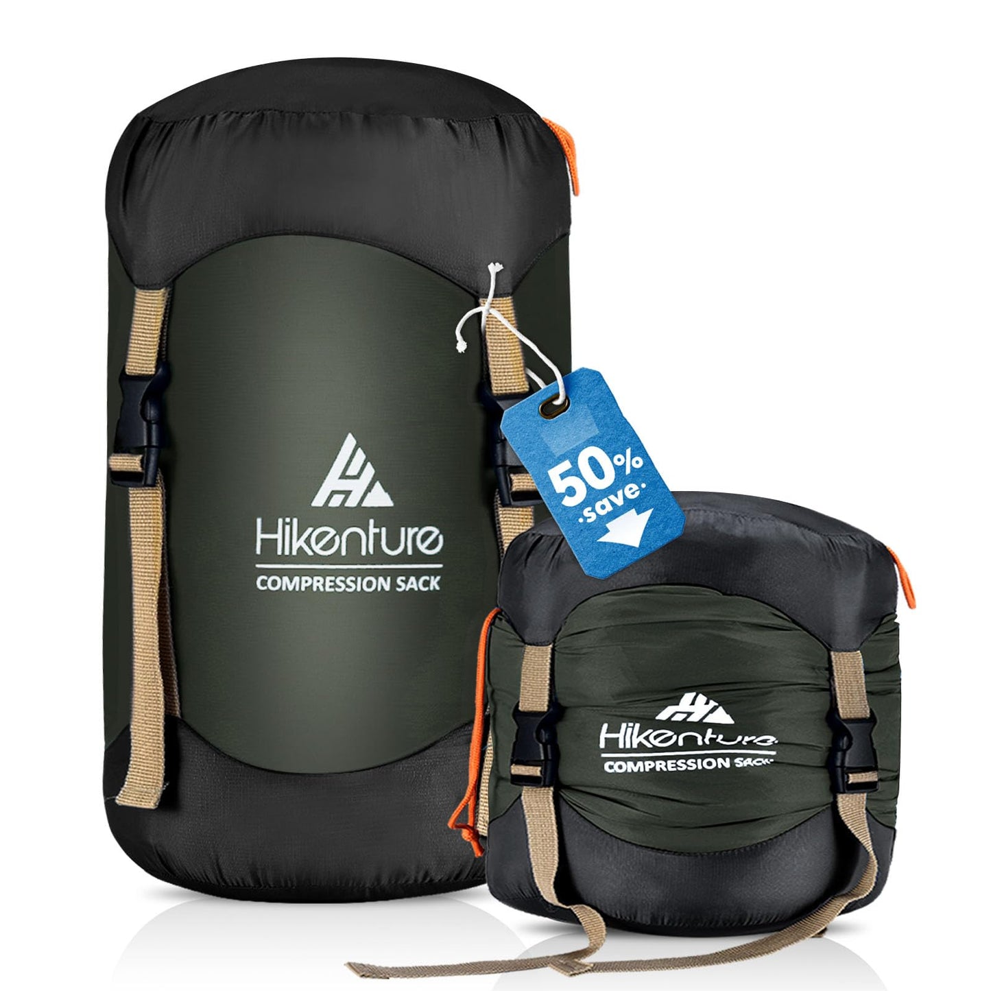 Hikenture Compression Sack for Sleeping Bag, Upgrade Anti-Tear Nylon Sleeping Bag Stuff Sack, 10L/14L/20L/30L Water-Resistant Compression Bag, Storage Bag (Dark Green, 20L)