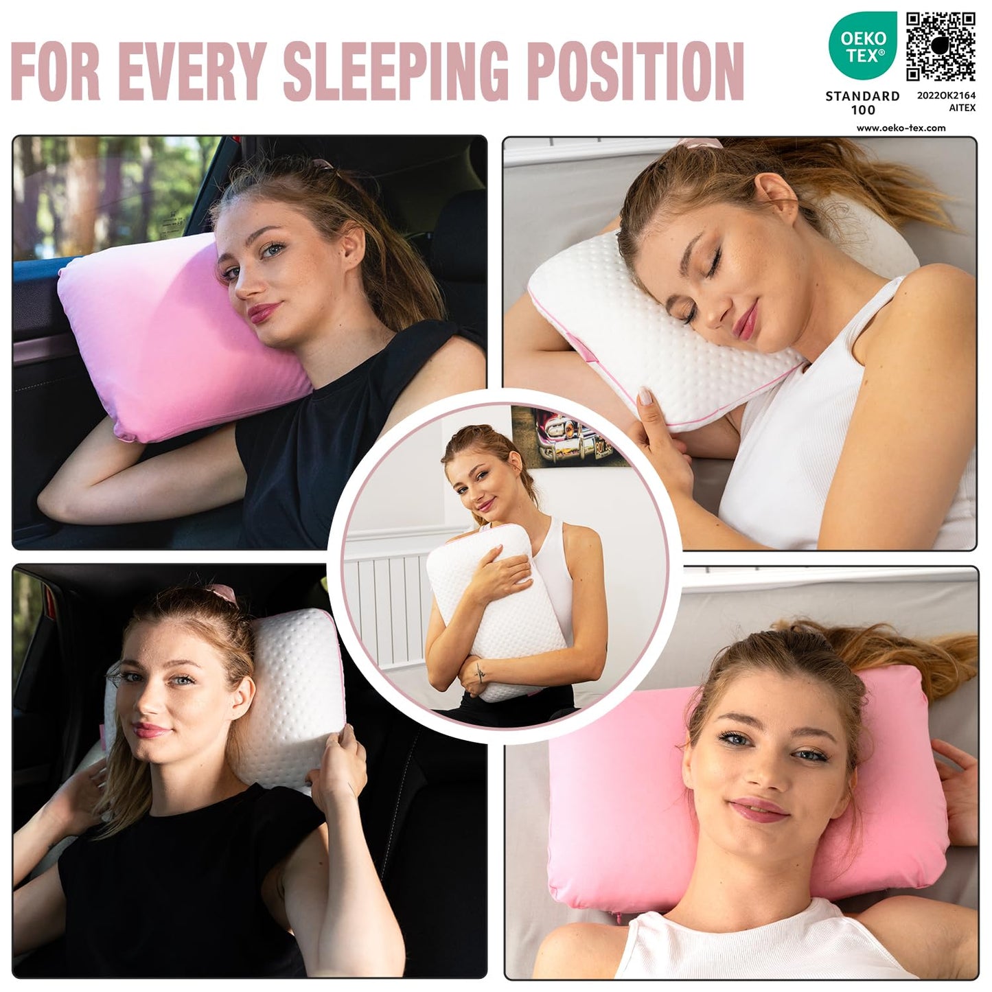 alkamto Travel & Camping Comfortable Memory Foam Pillow – Easy to Carry Portable Bag – Temperature Regulating Pillow Case (Pink + Extra Cover)