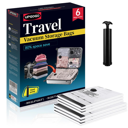 UPGOGO Travel Vacuum Bags for Luggage with Hand Pump,Vacuum Seal Bags for Clothing,Packing Cubes Compression,Cruise Ship and Travel Essentials(Combo 6 Pack)