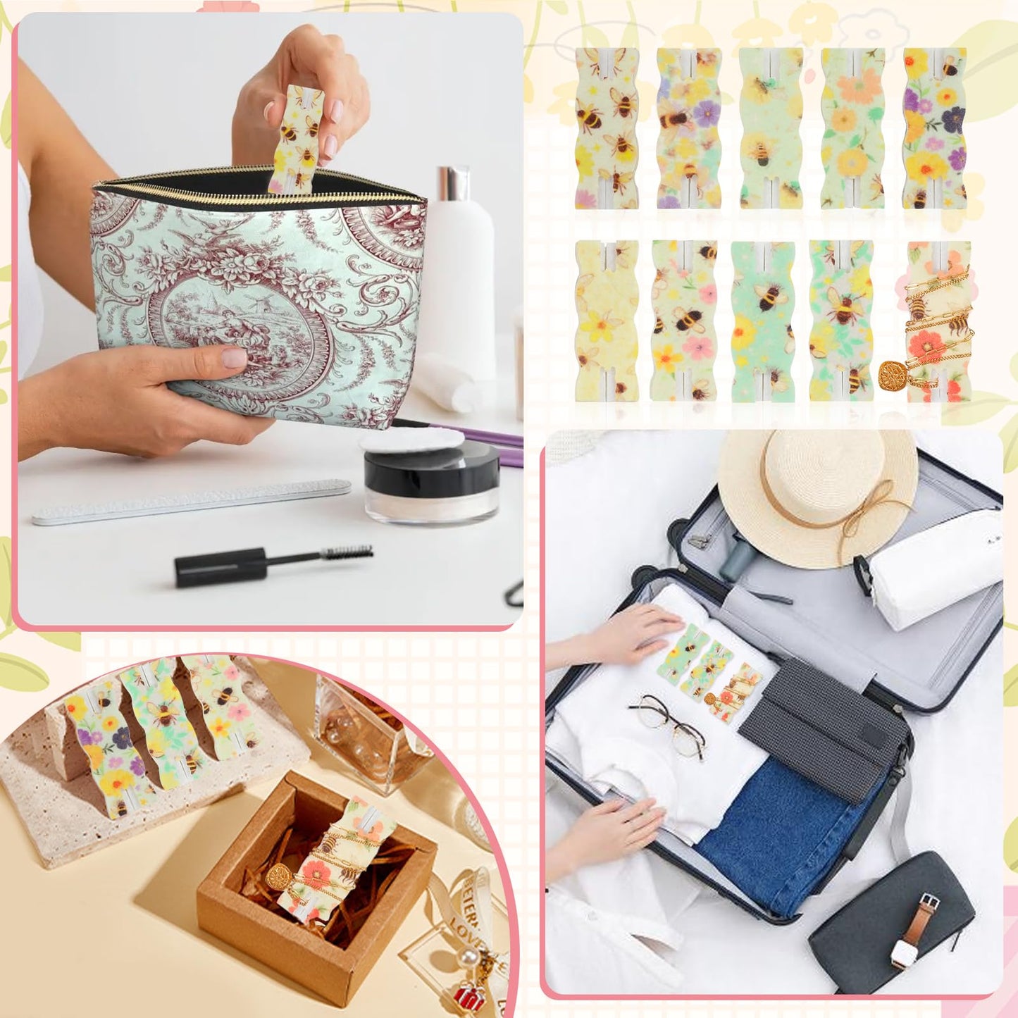 10 Pack Portable Tangle-Free Jewelry Organizer, Travel Necklace Storage Case for Chains, Pendants & Bracelets, Jewelry Containers with Card Holder, Anti-Tangle Jewelry Roll Alternative (Bees)