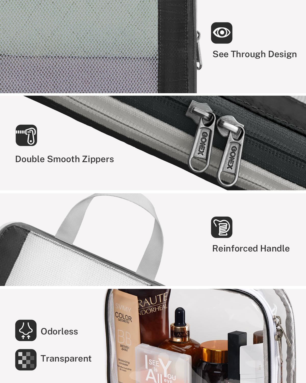 Gonex Expandable Mesh Packing Cubes - 8 Set Compression Organizer for Travel Essentials with Toiletry, Laundry, Shoe & Cable Bags - Black