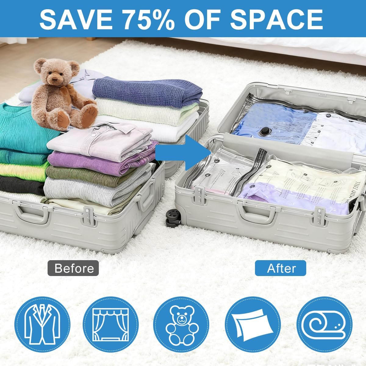 Space Saver Vacuum Storage Bag With Pump for Clothing,Travel Vacuum Seal Bag Vacuum Packing Bags for Luggage, Blankets, Bedding and Home Storage (10 Small)