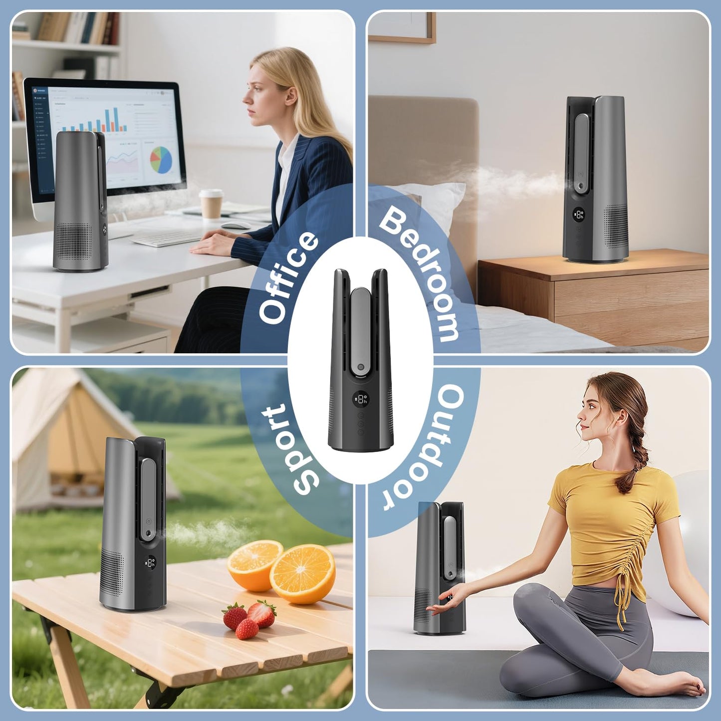 MEIIS Desk Fan, Small Quiet Table Fan with Humidifier, 14 Inch Portable Bladeless Fan with 9 Speed Adjustment, 2 Modes, 5000mAh Battery, 60° Oscillating Mini Fan for Bedroom Office Living Room Dorm