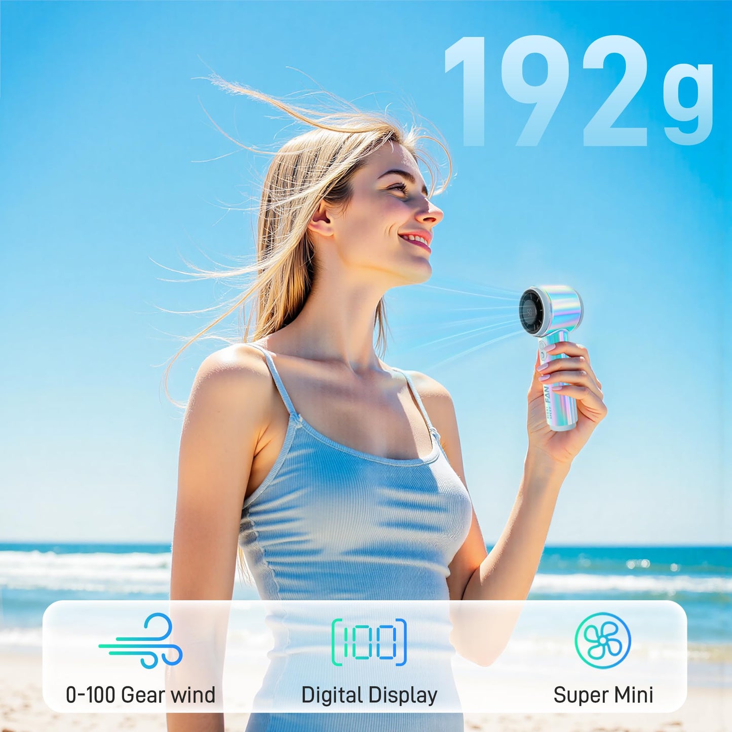 Portable Handheld Fan, Turbo Fan, Up to 10 Working Hours, 14000RPM High Speed, Rainbow Personal Pocket Design with 1-100 Speeds, Battery Rechargeable, Essentials for Women Beach Travel Outdoor Blue