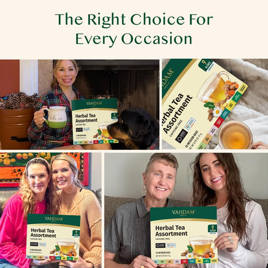 VAHDAM, Assorted Herbal Tea Sampler (18 Tea Bags, 9 Flavors) Caffeine-Free, Non-GMO | Double Infusion, Individually Enveloped Tea Bags | Herbal Tea Assortment