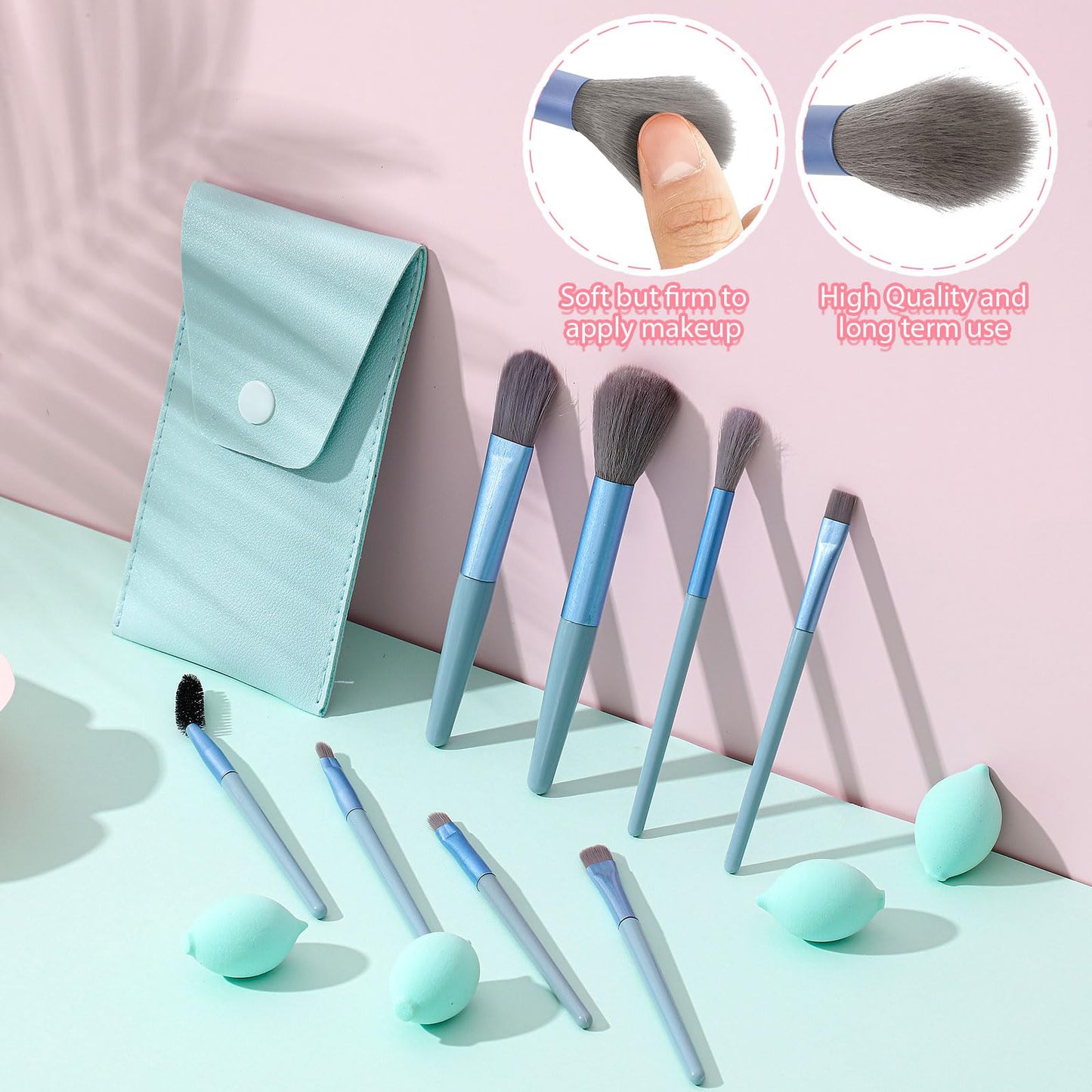 SiliFine 20 Pcs Travel Makeup Brush Set, 10 Pcs Mini Travel Brush Set with Bag, 10 Pcs Makeup Sponge Princess Party Favor Set for Women Girl Home Business Party Souvenirs(Blue)