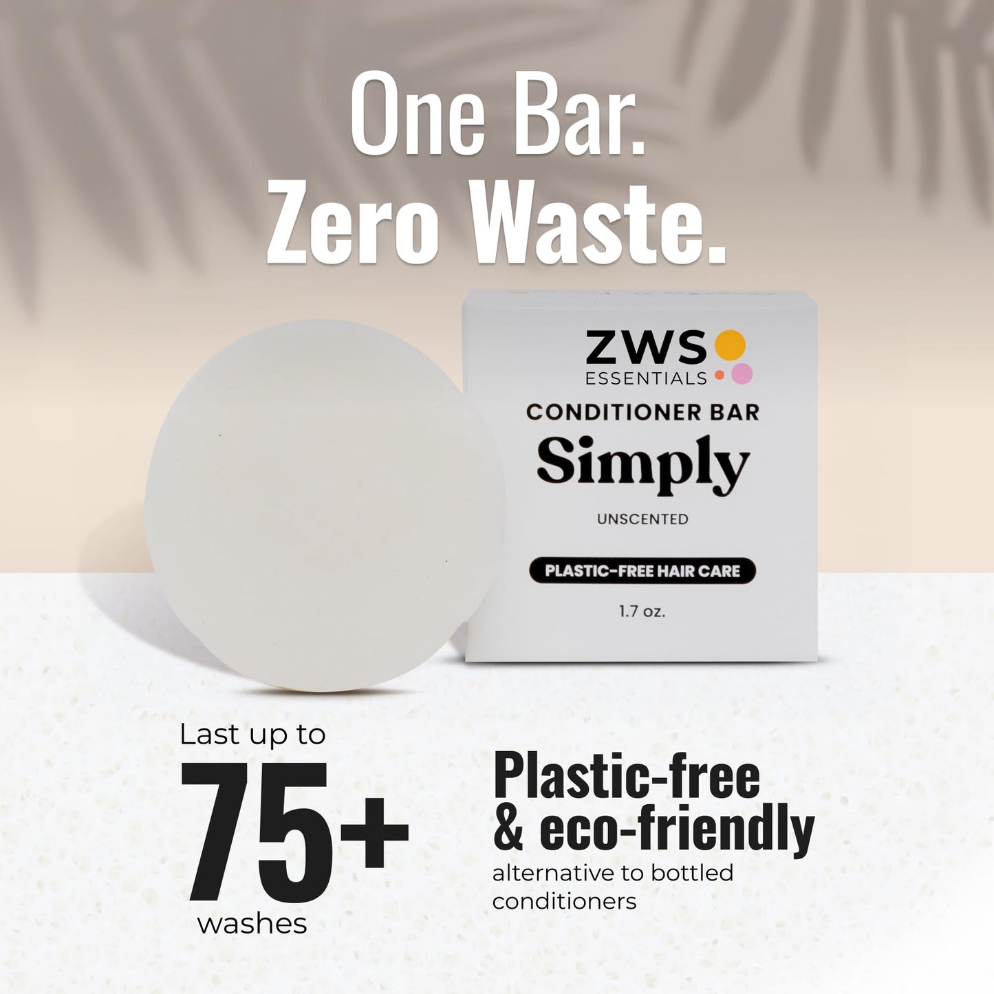 ZWS Essentials Simply Unscented Conditioner Bar, Vegan Solid Hair Conditioner for Sensitive Scalps & Fragrance-Free Care, Zero Waste, Travel-Friendly
