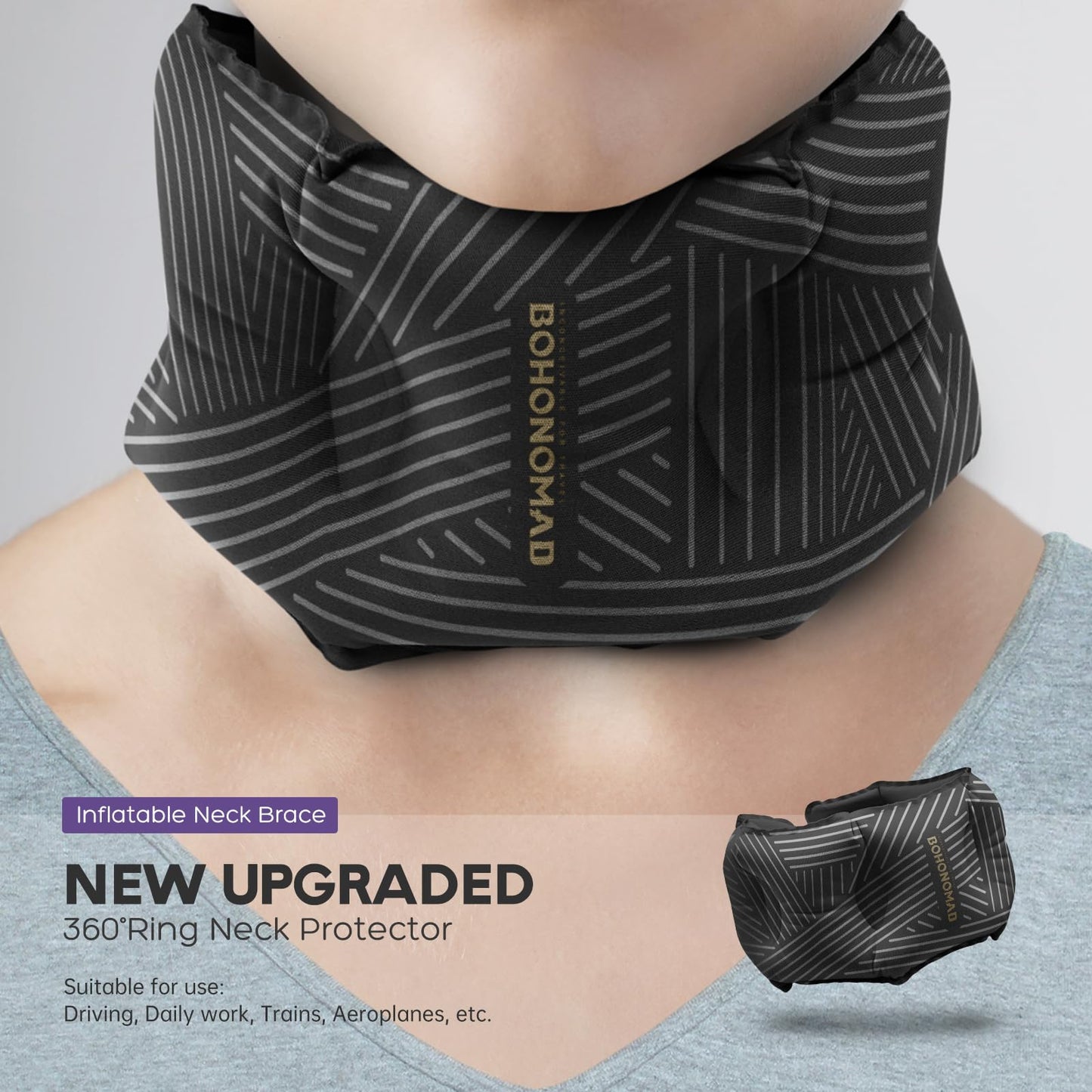 Inflatable Neck Pillow for Travel, Adjustable Blow Up Neck Support Pillow for Airplane, Car, Train, Bus, Office, Home, Compact Portable Travel Pillow for Sleeping, Napping, Black