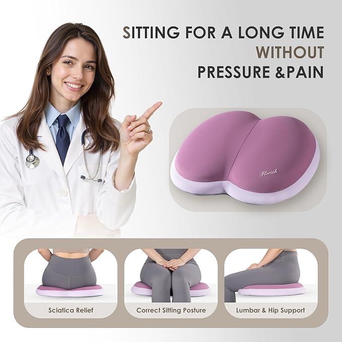 FLORICH 3 PCS Seat Cushion for Carseat Lumbar Support Pillow Car Neck Headrest Pillows Ultrathick Memory Foam Seat Pads Pressure Relief Back Cushion for Office Chair(Purple)