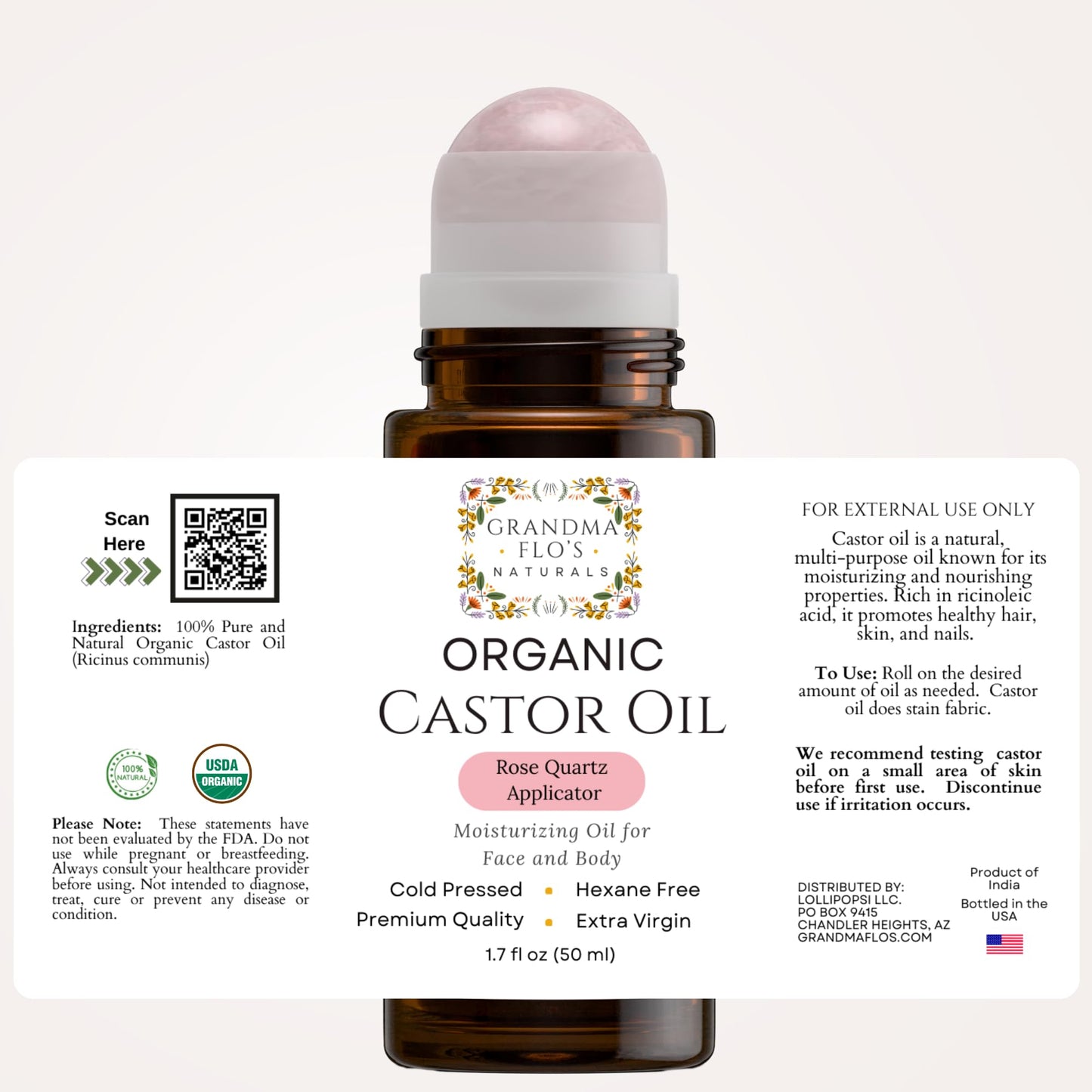 Grandma Flo's Naturals Organic Castor Oil with Rose Quartz Roll On For Face and Body - Glass Bottle, Cold Pressed, Hexane Free, Unrefined - Stimulate Hair Growth, Moisturize Skin (50ml)