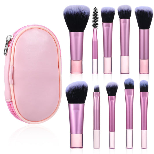 PEOVLVN 10 Pcs Travel Makeup Brushes, Mini Makeup Brushes Travel Set with Case Portable Travel Size Makeup Brushes Cosmetic Brushes Kit for Foundation Eyeshadow Highlight Contour Blush & Concealer