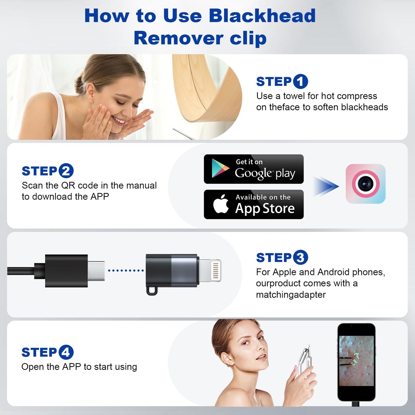 Kosimai Black Head Remover for Face Tool Professional Pimple Popper HD Camera,30 Times Magnification 1080P, (Silver)