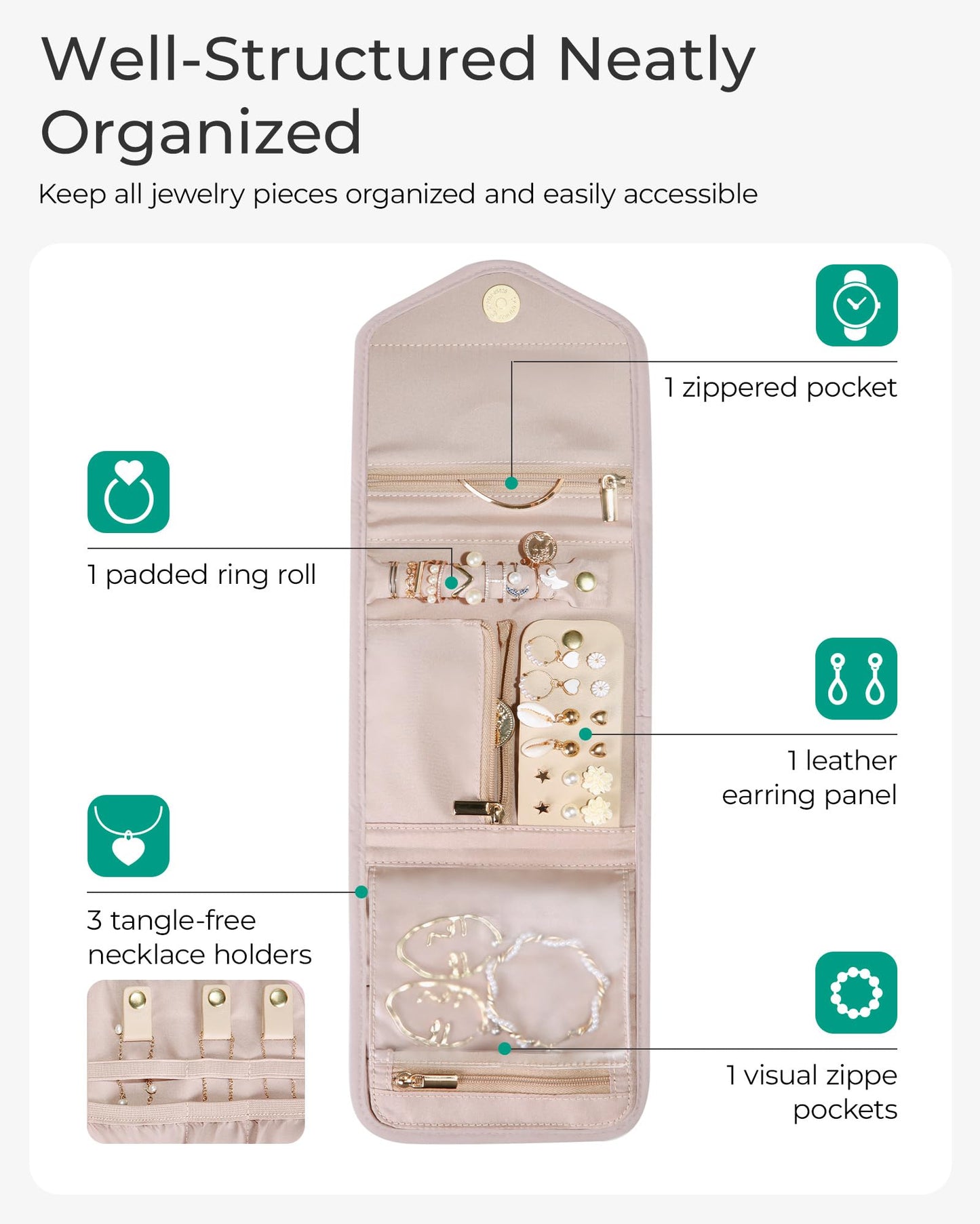 BAGSMART Travel Jewelry Organizer Case Foldable Jewelry Roll for Journey Rings, Necklaces, Earrings, Bracelets,Mini,Soft Pink