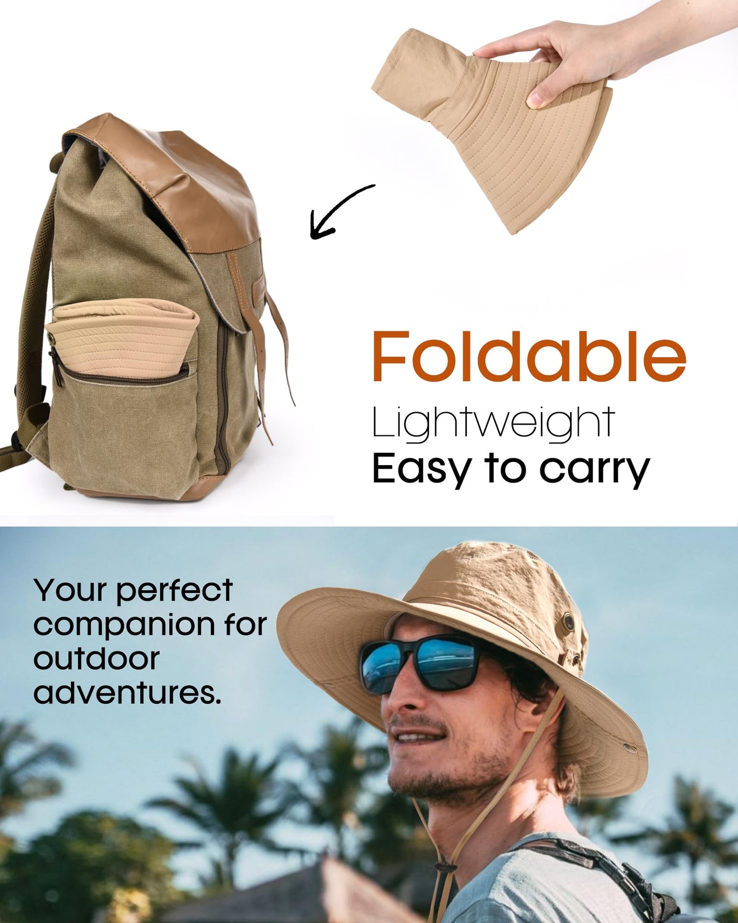 FURTALK Sun Hats for Men Fishing Hat UPF 80+ Foldable Wide Brim Outdoor Hiking Beach Summer Hats Khaki