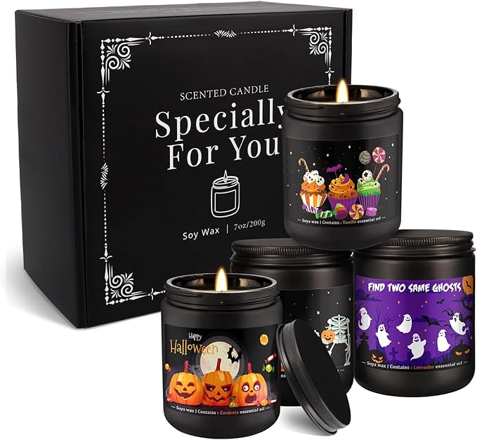 Halloween Scented Candles Set, 4 Pack (7oz Each) Soy Wax Candles with Pumpkin, Ghost, Skeleton Designs, Perfect for Halloween Decor, Gifts and Aromatherapy.
