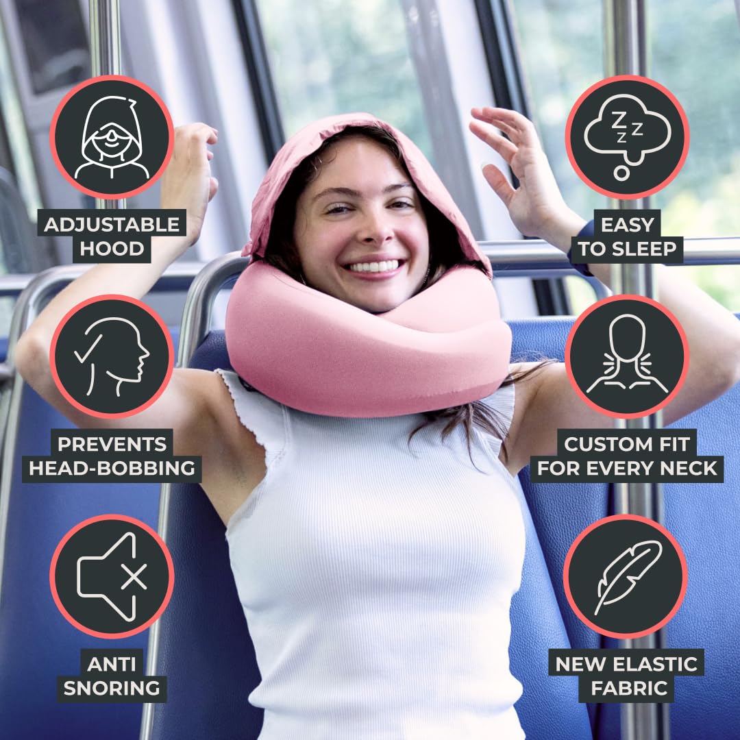 FlyHugz® 2.0 Hooded Travel Pillow – 2025 Original Release – Memory Foam Neck Pillow with Adjustable Hood & Premium Elastic Washable Cover – First Class Comfort for Flights, Road Trips & Sleep- Pink