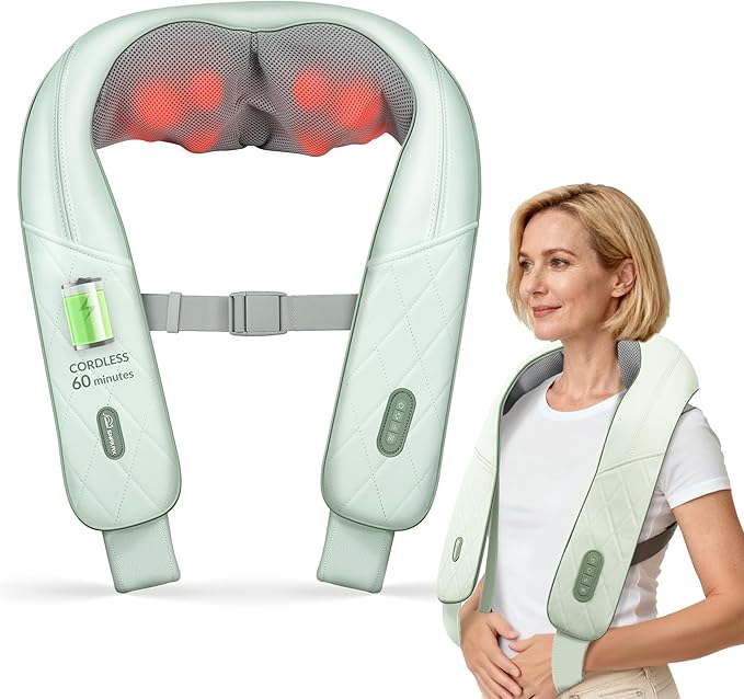 Cordless Neck Massager with Heat, Shiatsu Neck Shoulder Massager for Pain Relief Deep Tissue, 4D Kneading Back Massager Pillow, Rechargable Portable Massager, Gifts/Presents for Women, Men