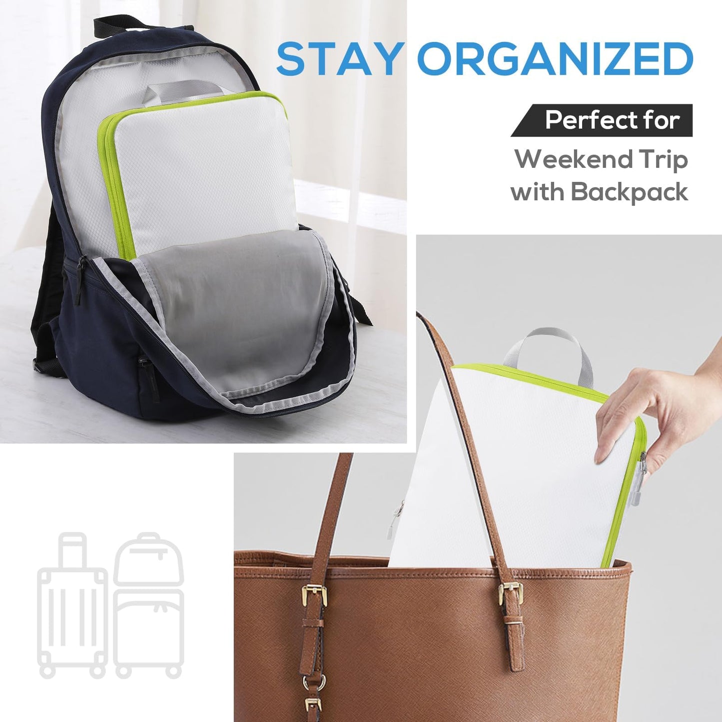 Compression Packing Cubes, 6 Set Packing Cubes for Travel Compression, Lightweight Compressible Package Organizer for Carry On and Suitcases, White and Green