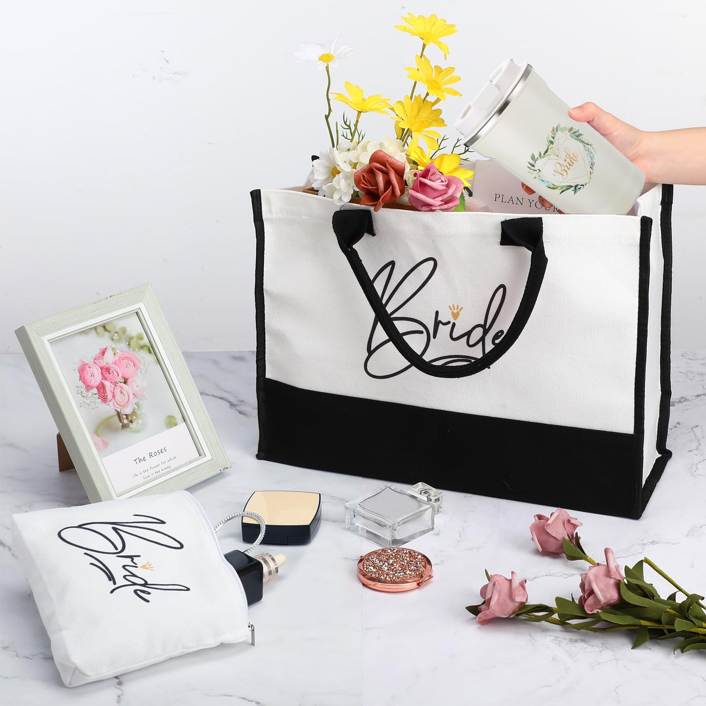 3 Pieces Bride Gifts Bridal Shower Gift for Wedding Bride Canvas Tote Bag Makeup Bag Tumbler Cup Stainless Steel Drink Cup Bachelorette Gifts for Wedding Engagement Honeymoon