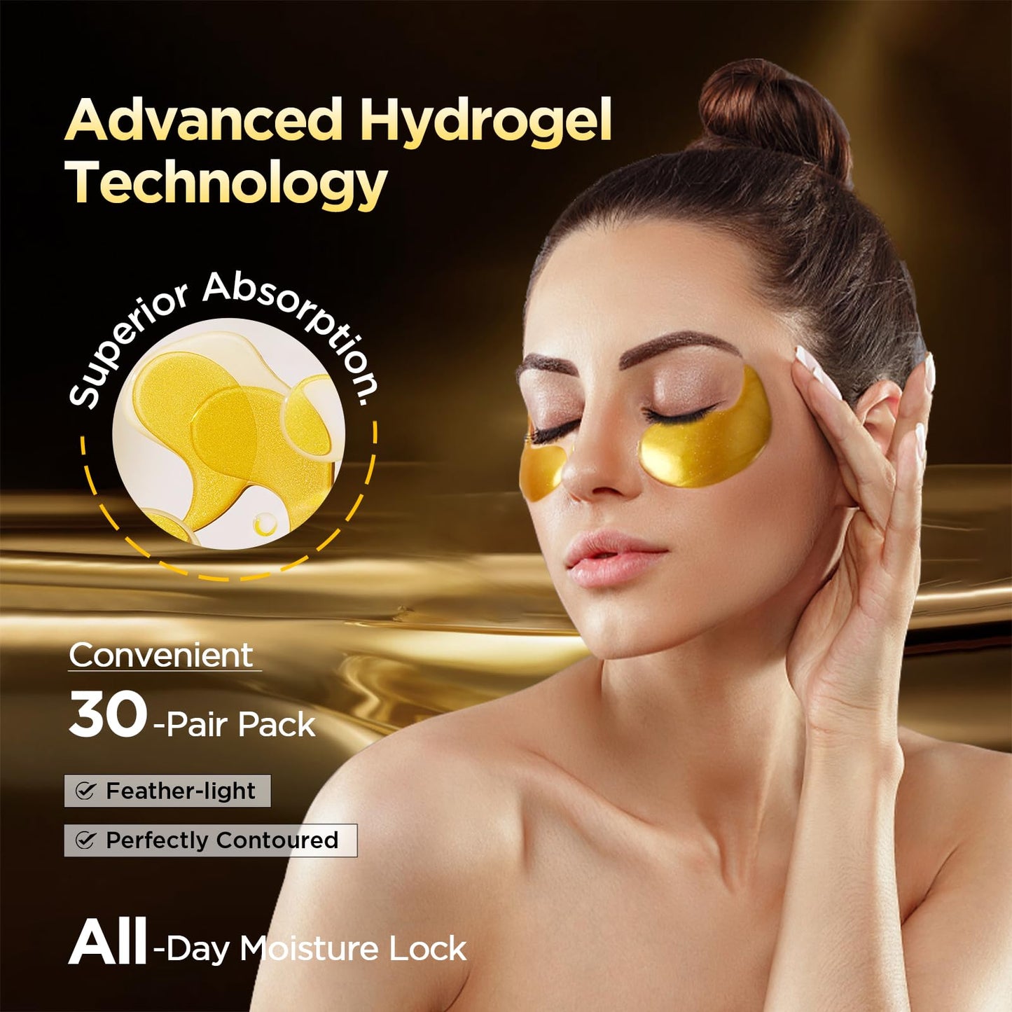 ZZILME 24k Gold Under Eye Patches - Firming, Glowing & Hydrating Hydrogel Mask for Puffy Eyes, Dark Circles, Wrinkles, Eye Bags Treatment, Gifts for Women and Men, 60Pcs Black