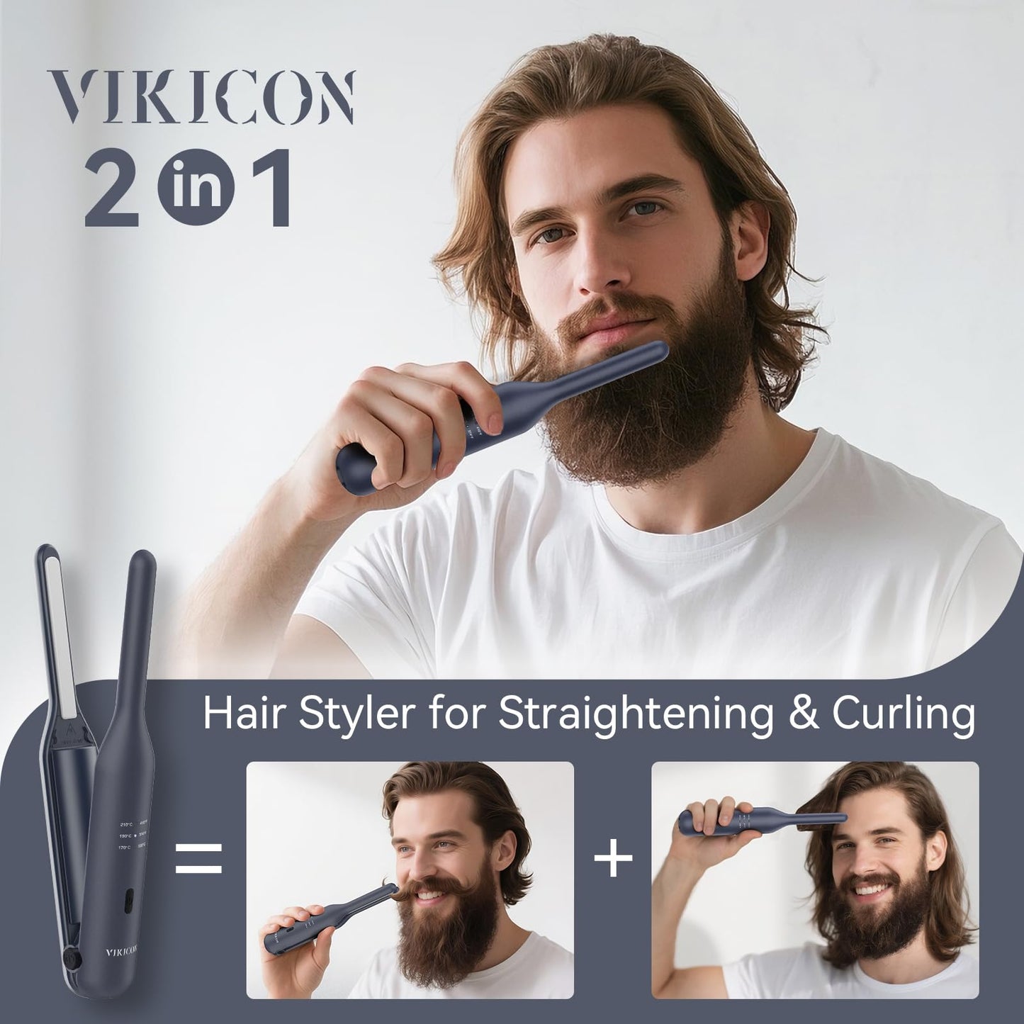 VIKICON Cordless Mini Hair Straightener: 3/10" Small Pencil Flat Iron for Short Hair & Beard - Ceramic Thin Plate, 3 Temp Settings, Travel-Friendly with Auto Shut-Off - Birthday Gift for Men & Women