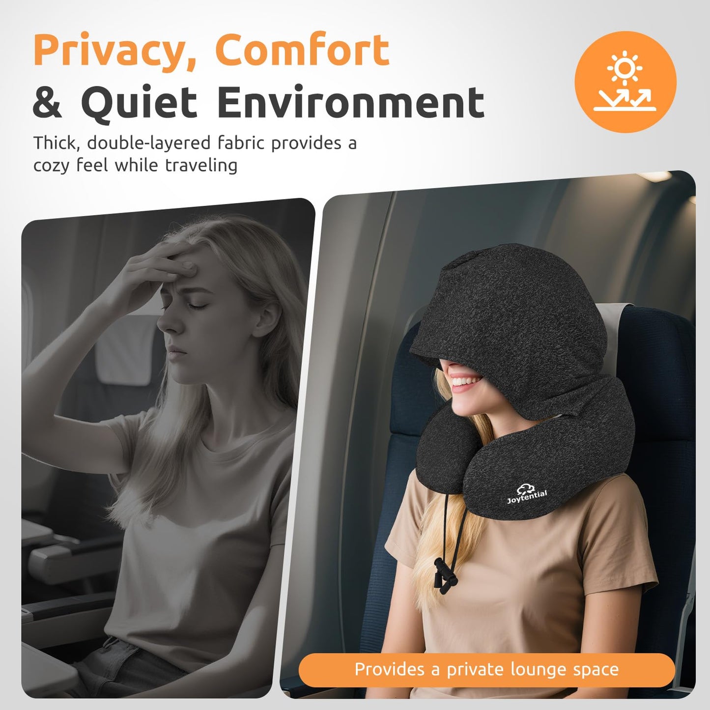 Joytential Travel Neck Pillow with Large Hood for Long Flights, Privacy Hooded Plane Pillow with Skin-Friendly Cover, Comfort Memory Foam, Travel Pillows for Road Trip, Airplane, Office Rest (Black)