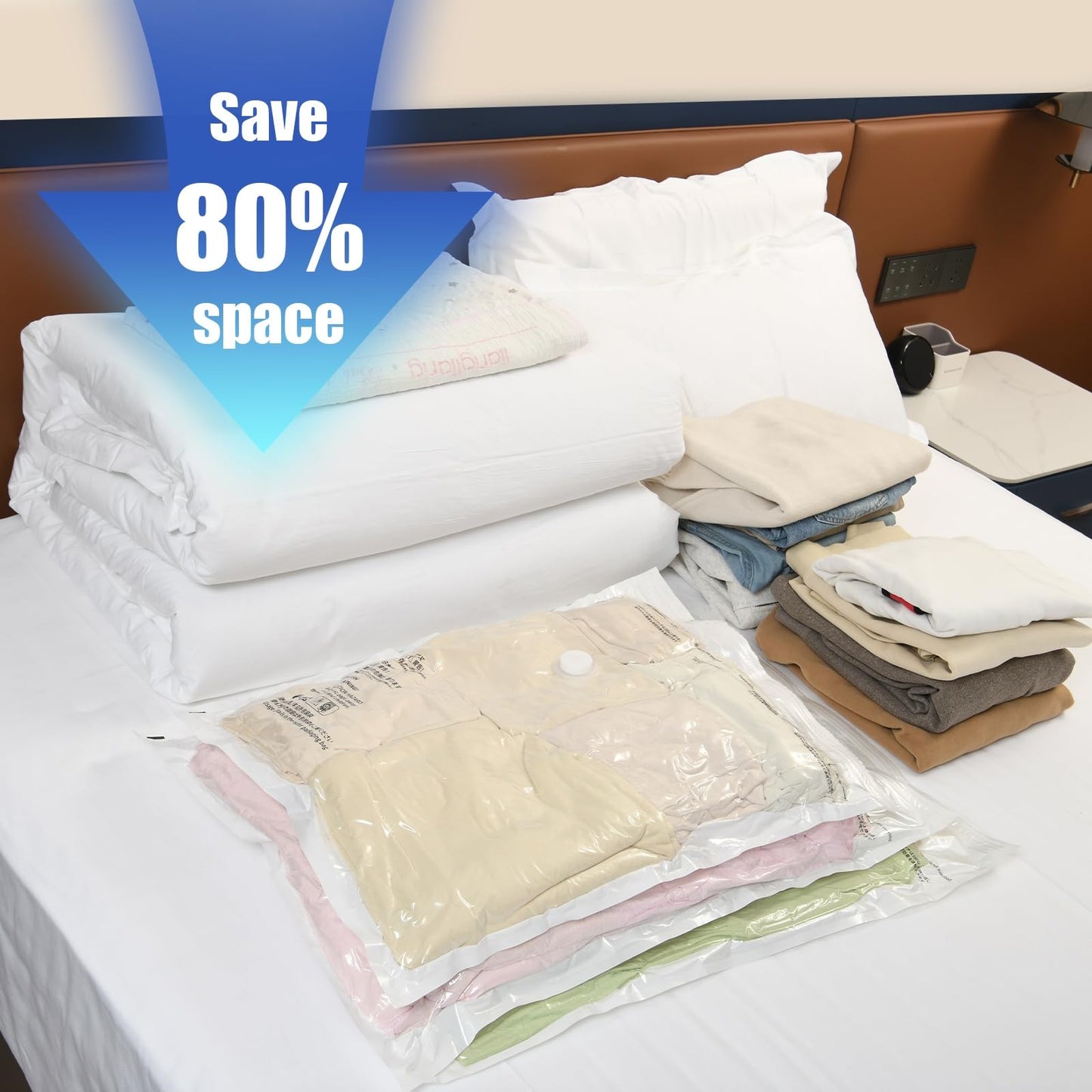 10 Pack Medium Vacuum Storage Bags,Sturdy Leak-Free Vacuum Seal Bags,Reusable 80% Space Saver Vacuum Seal Bags for Clothes, Pillows,Bedding, Blankets, Comforters,Travel Luggage,Hand Pump Included