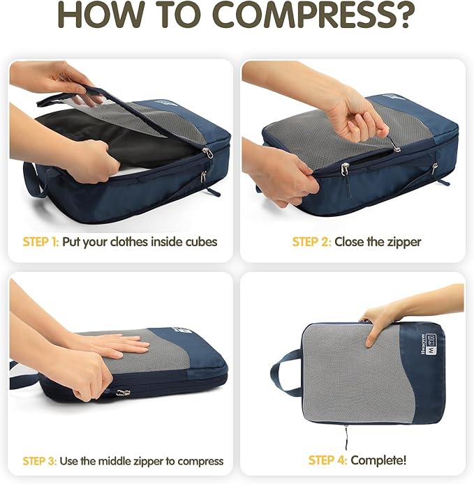 Compression Packing Cubes 8 Set, See-Through Mesh Compression Packing Cubes Travel for Carry on Women/Men, Dual Zipper Packing Bags for Suitcases, Luggage and Backpacks (Navy Blue)