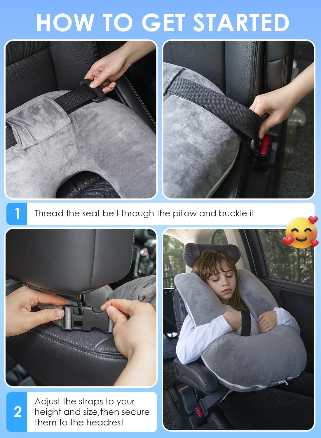 QUEEN ROSE Travel Pillow for Car Sleeping, Adjustable Length, Neck Support Pillow for Road Trips, for Adults & Kids, Soft Velvet, Grey