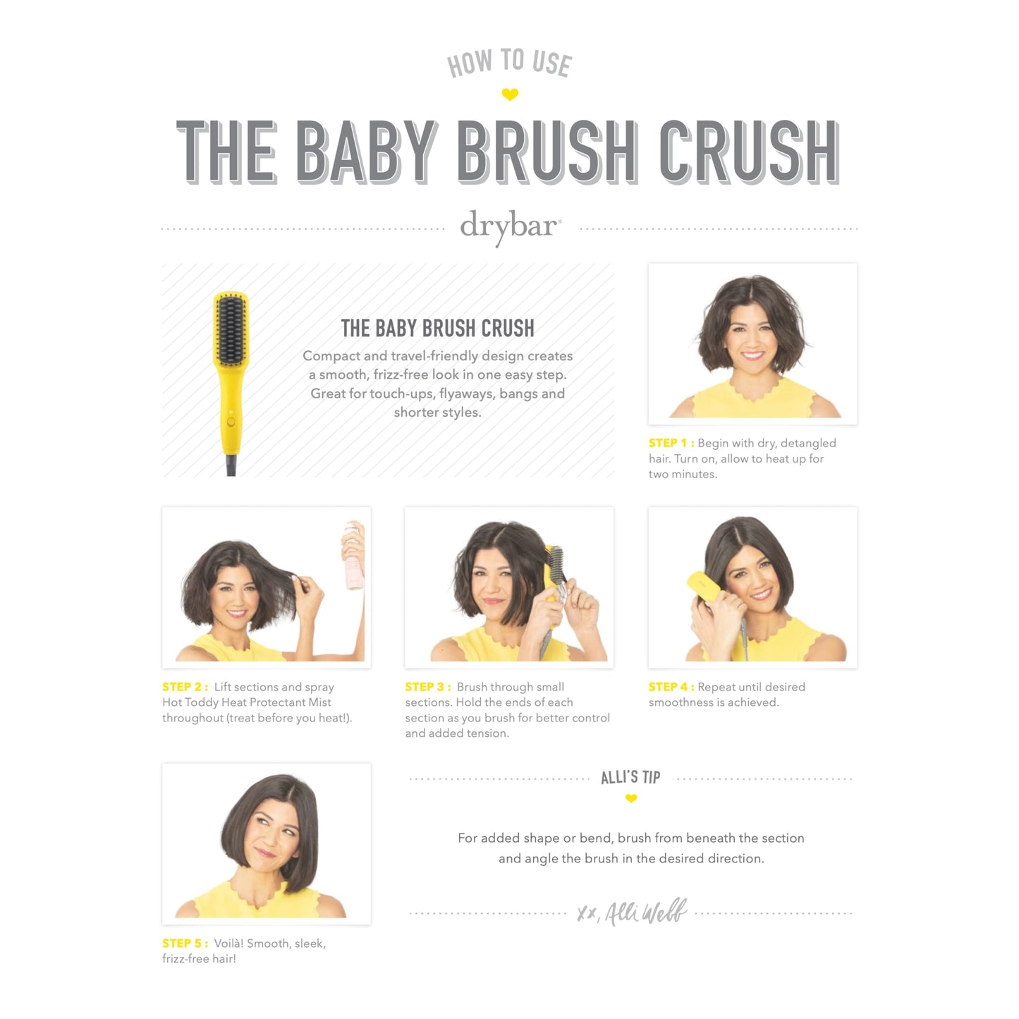 Drybar The Baby Brush Crush Mini Heated Straightening Brush, Corded Electric, Yellow