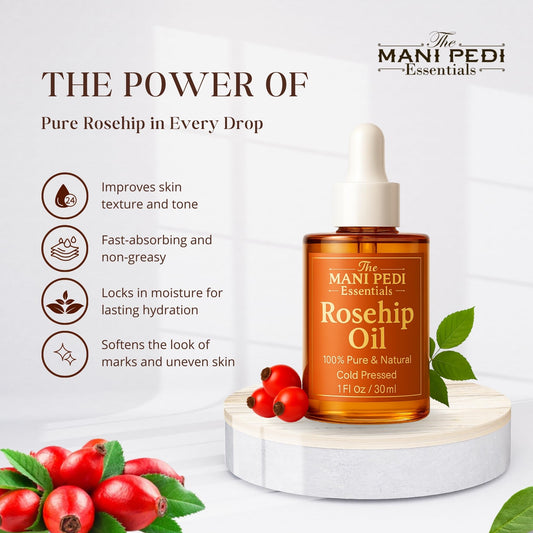 THE MANI PEDI ESSENTIALS Rosehip Oil for Face. 100% Pure, Natural, Cold-Pressed & Organic. Natural wealth of vitamins that help nourish & hydrate your skin - 1 Fl Oz