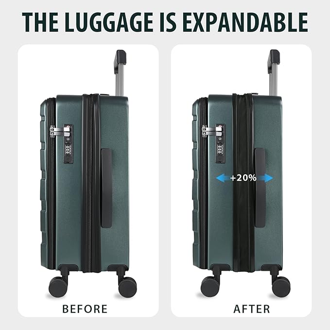 KROSER Carry On Luggage with Spinner Wheels & Built-in TSA Lock, Expandable Top Loading Hard Shell Suitcase Large Capacity Durable Rolling Luggage with USB Port, Carry-On 20-Inch, Dark Green