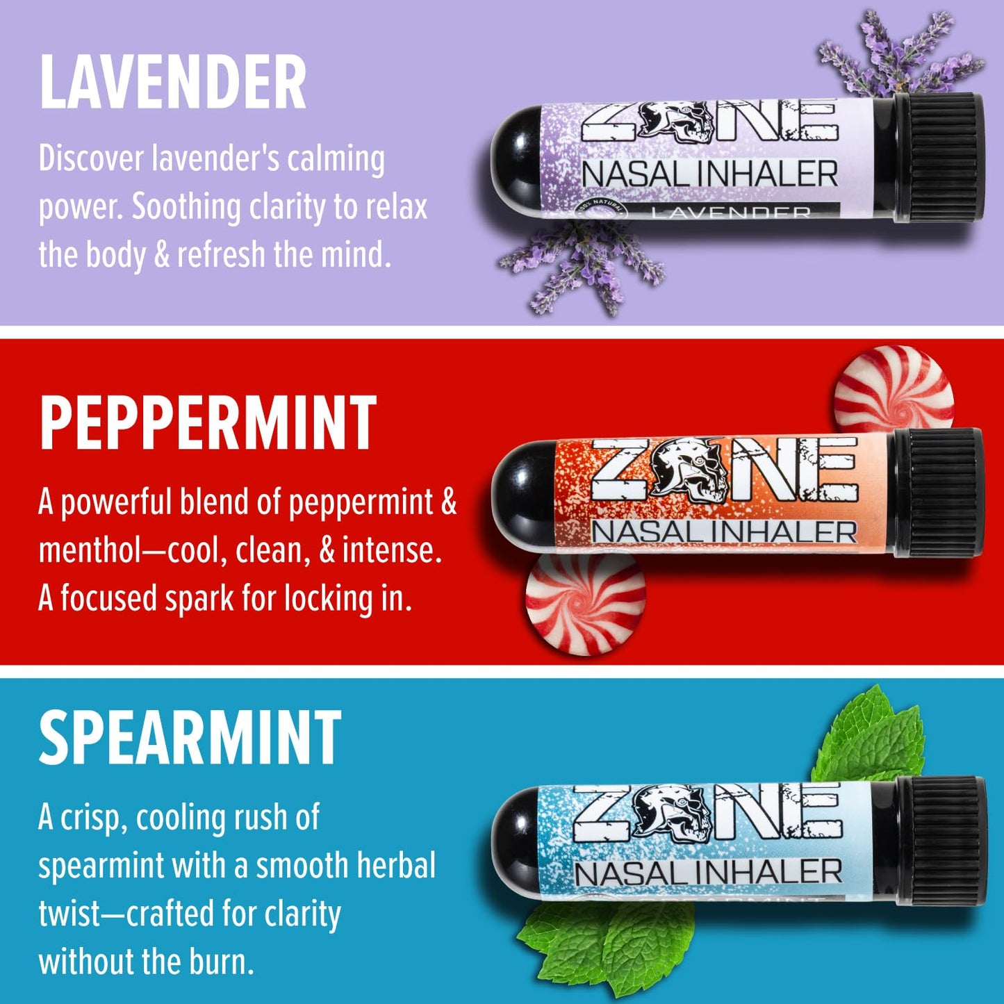 Zone Essential Oil Nasal Inhaler – Sinus Relief, Stress & Anxiety Support, Relaxation Aid – Natural Aromatherapy Stick – Made in USA (Peppermint, Spearmint, Lavender 3-Pack)