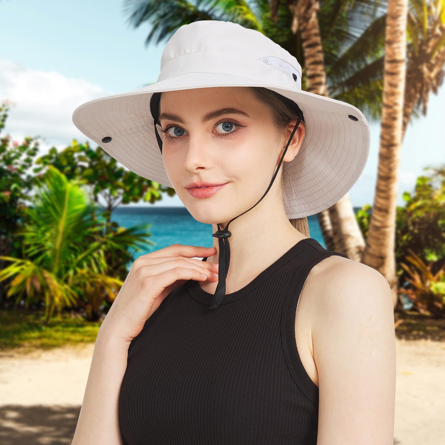 NPJY Ponytail Sun Hats for Women Men 3” Wide Brim UPF 50+ Fishing Beach Bucket Hats Beige