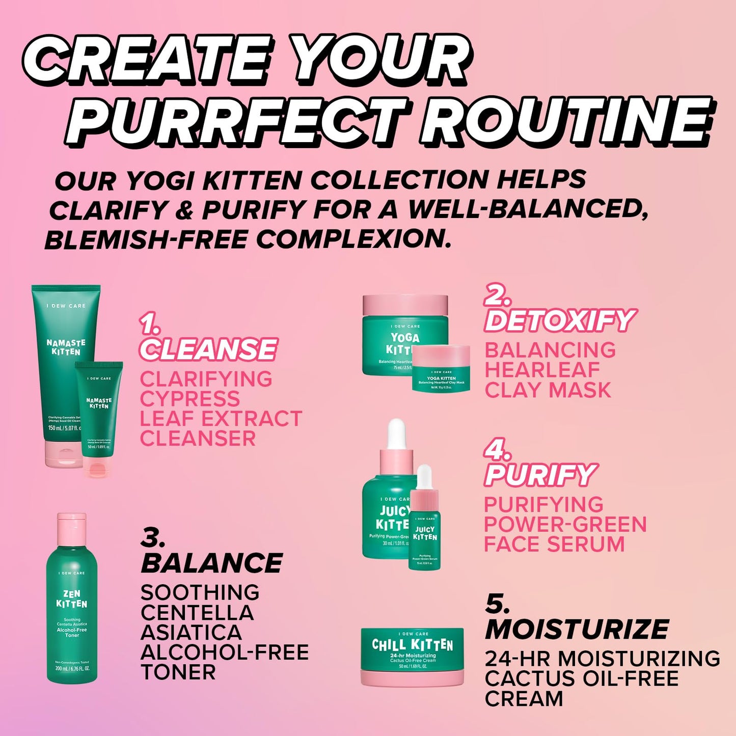 I DEW CARE Blemish Heartleaf Skincare Set - Kitten My Balance On | Foam Cleanser & Wash-off Mask & Serum, Clear and Soothe Irritation, Abosorb Excess Oil, Gentle Face Wash, Travel Size