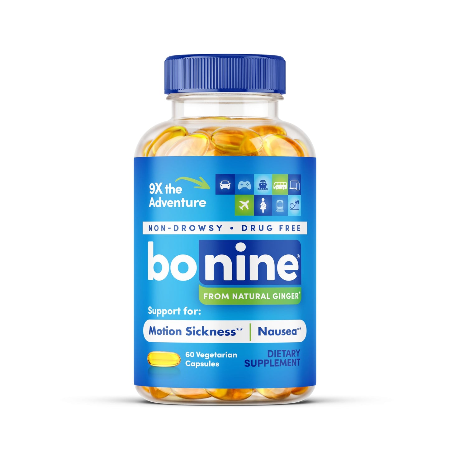 Bonine Ginger Root Extract Liquid Capsules - Non-Drowsy Motion Sickness Relief - 40 mg Ginger Supplement for Morning Sickness & Nausea Relief - Cruise Ship Essentials - 60 Capsules