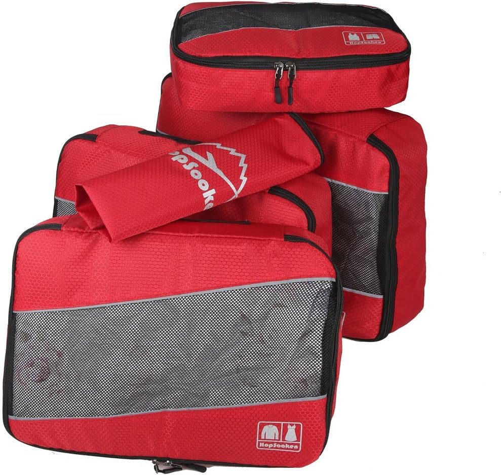 Hopsooken 5 Set Packing Cubes for Travel Large Suitcase Luggage Organizer Bags Travel Accessories Vacation 4 Cubes 1 Laundry Pouch Bag(Red)
