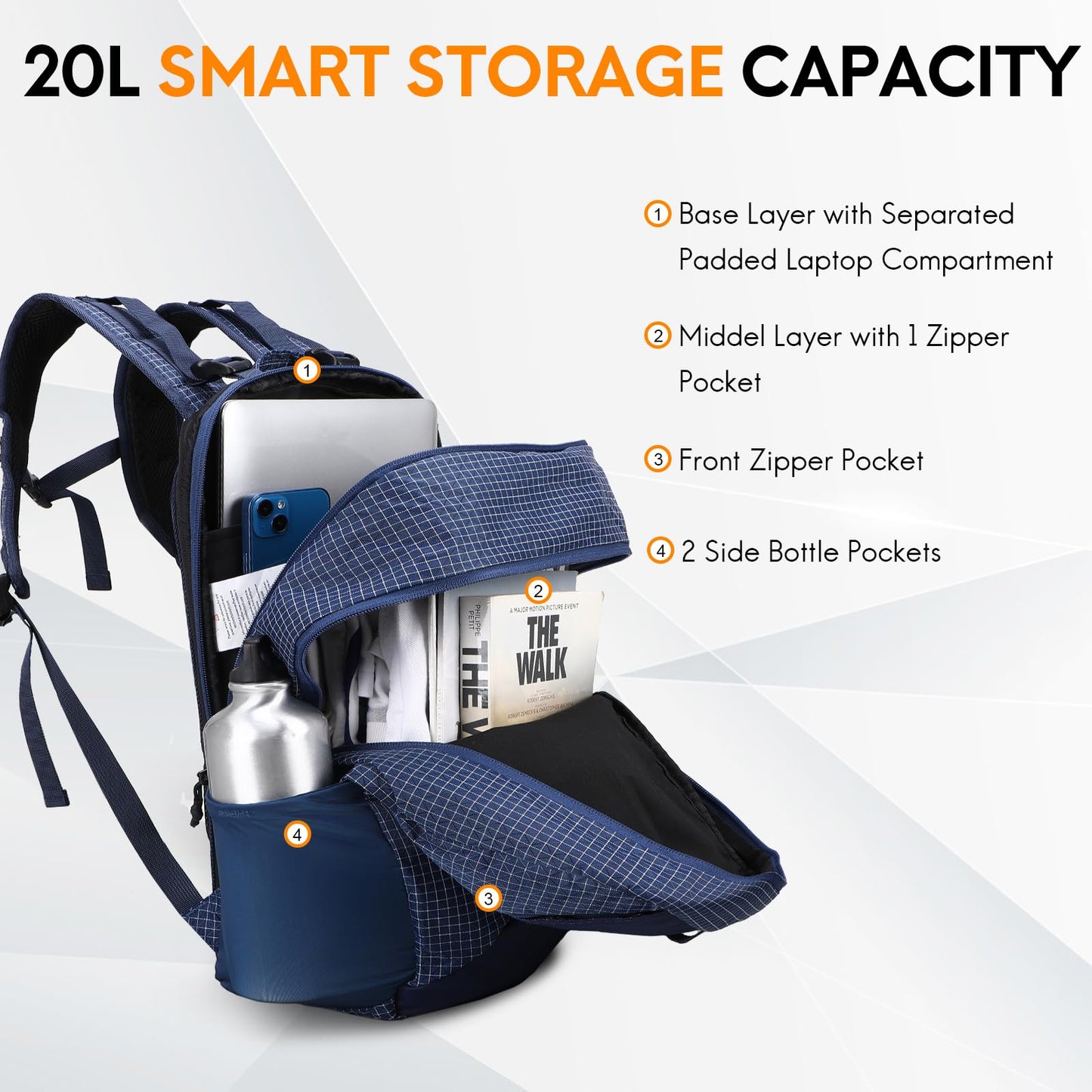 Haimont 25L Small Travel Backpack with 3 Compartments for Men Women, Water Resistant Lightweight Commuter Hiking Camping Day Pack, Navy Blue