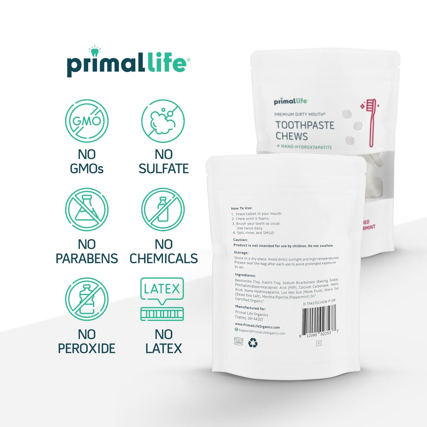 Primal Life Organics Premium Dirty Mouth Toothpaste Chews – Nano-Hydroxyapatite Whitening Toothpaste Tablets for Adults - Gluten Free, Vegan, Paleo - 60 Tablets in Bag - Polished Peppermint