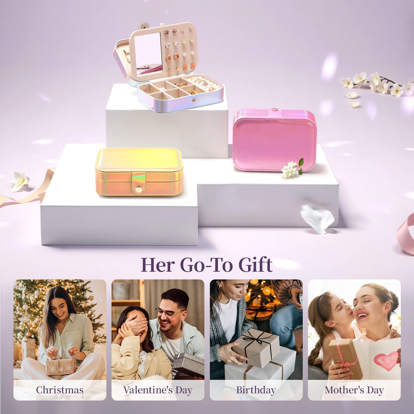 LAMU Travel Jewelry Box,Portable Jewelry Organizers and Stroage, Iridescent Rainbow Small Jewelry Case for Earrings Rings Necklaces,Travel Essentials for Women Girls Bridesmaid Gifts (Silver)