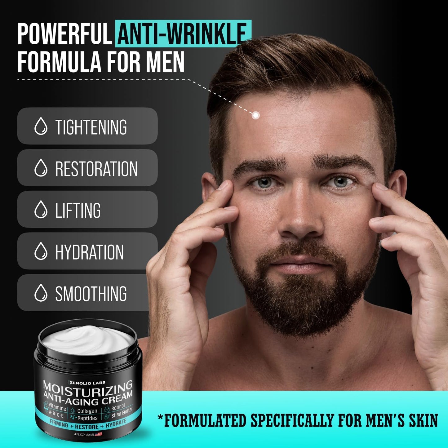 Mens Face Moisturizer Cream - Anti Aging & Wrinkle Face Cream - Mens Facial Moisturizer - Retinol, Collagen, Peptides, Shea Butter, Vitamins E & A - Facial Skin Care Eye Lotion - Day & Night – 4 oz