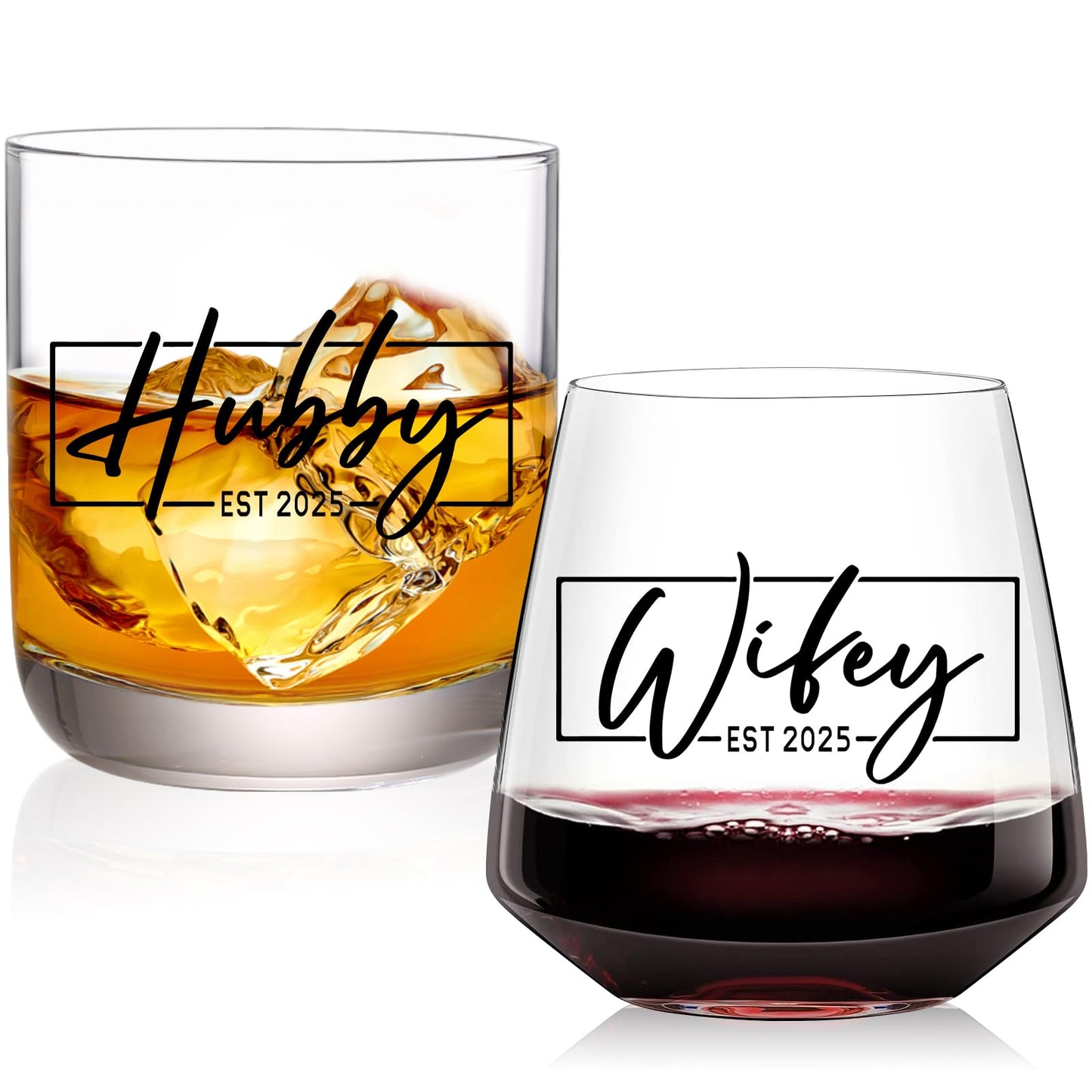 comfit Wedding Gifts for Couples,Hubby & Wifey EST 2025 Wedding Glass Set,Bridal Shower Gifts for Bride and Groom, Newly-Married Anniversary for Him/Her,Mr and Mrs Gift