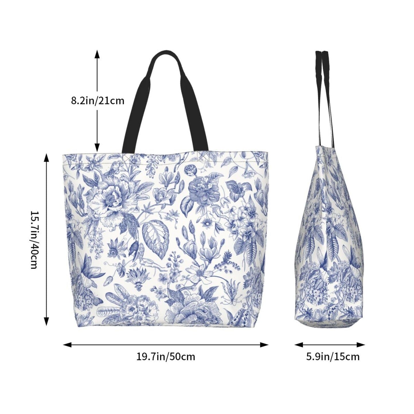 GVGOAGL Flower Blue White Leaves Tote Bag For Women, Large Waterproof Shoulder Bags Big Foldable Reusable Grocery Handbag For Travel Shopping Gym Sport Picnic Work Beach