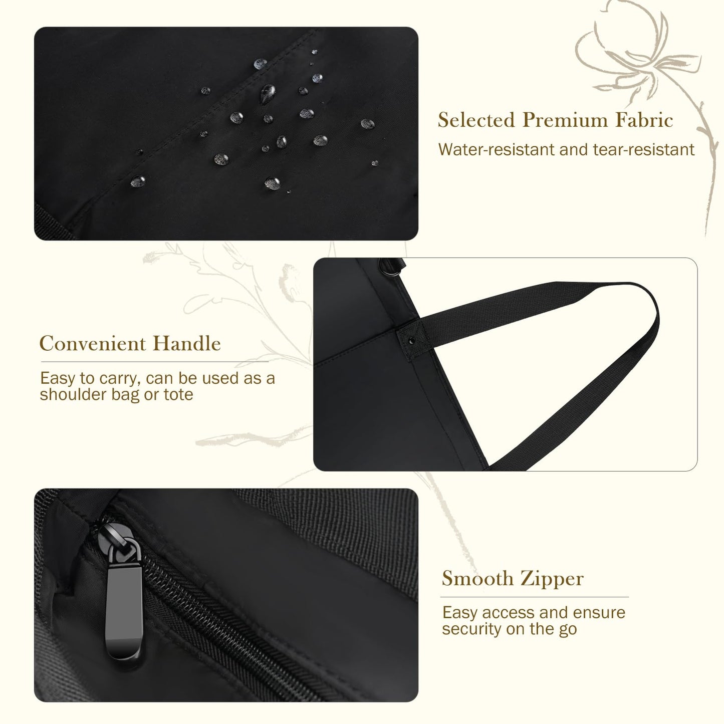 Vinabilia Tote Bag for Women, Lightweight Foldable Tote Bag With Zipper Shoulder Bag Large Top Handle Handbag for Travel, Work, Gym, Black