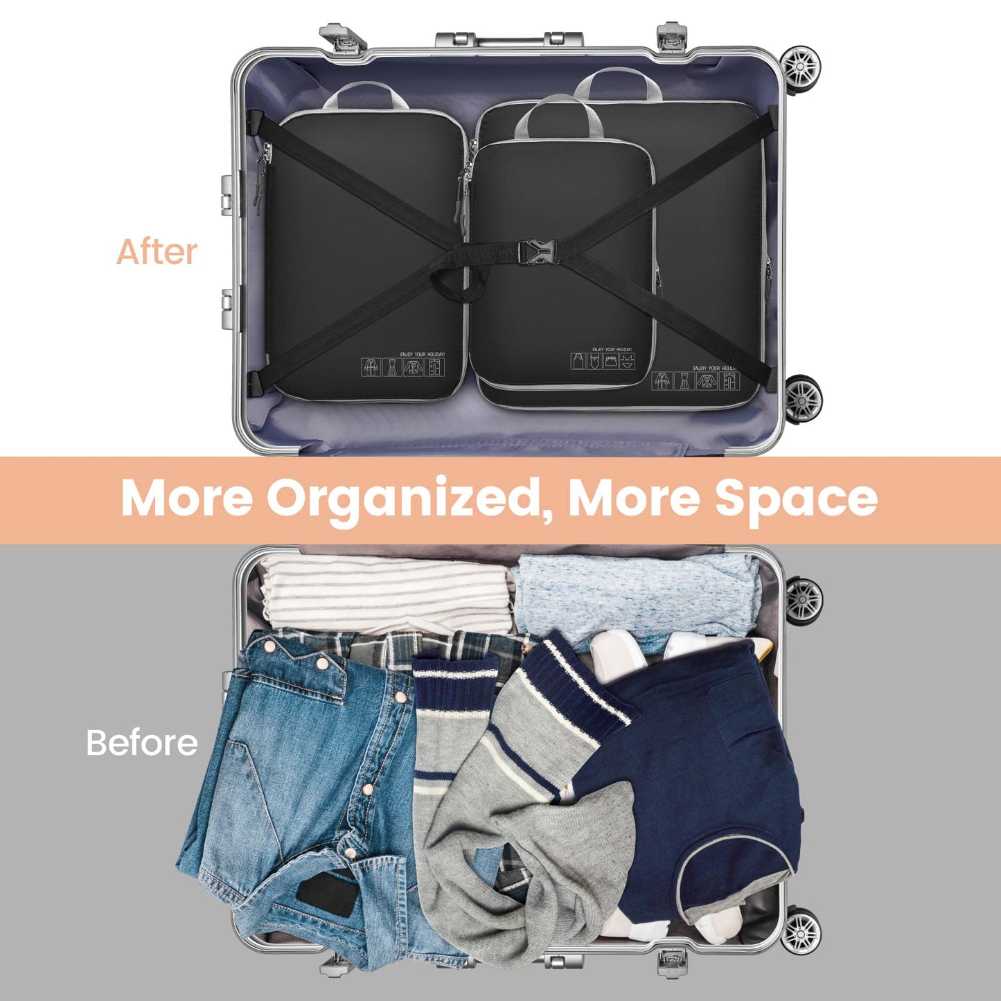 Cambond Compression Packing Cubes for Travel Women, 3 Pack Travel Bags Luggage Packing Organizers Essentials Compression Cubes for Carry on Suitcases, Black