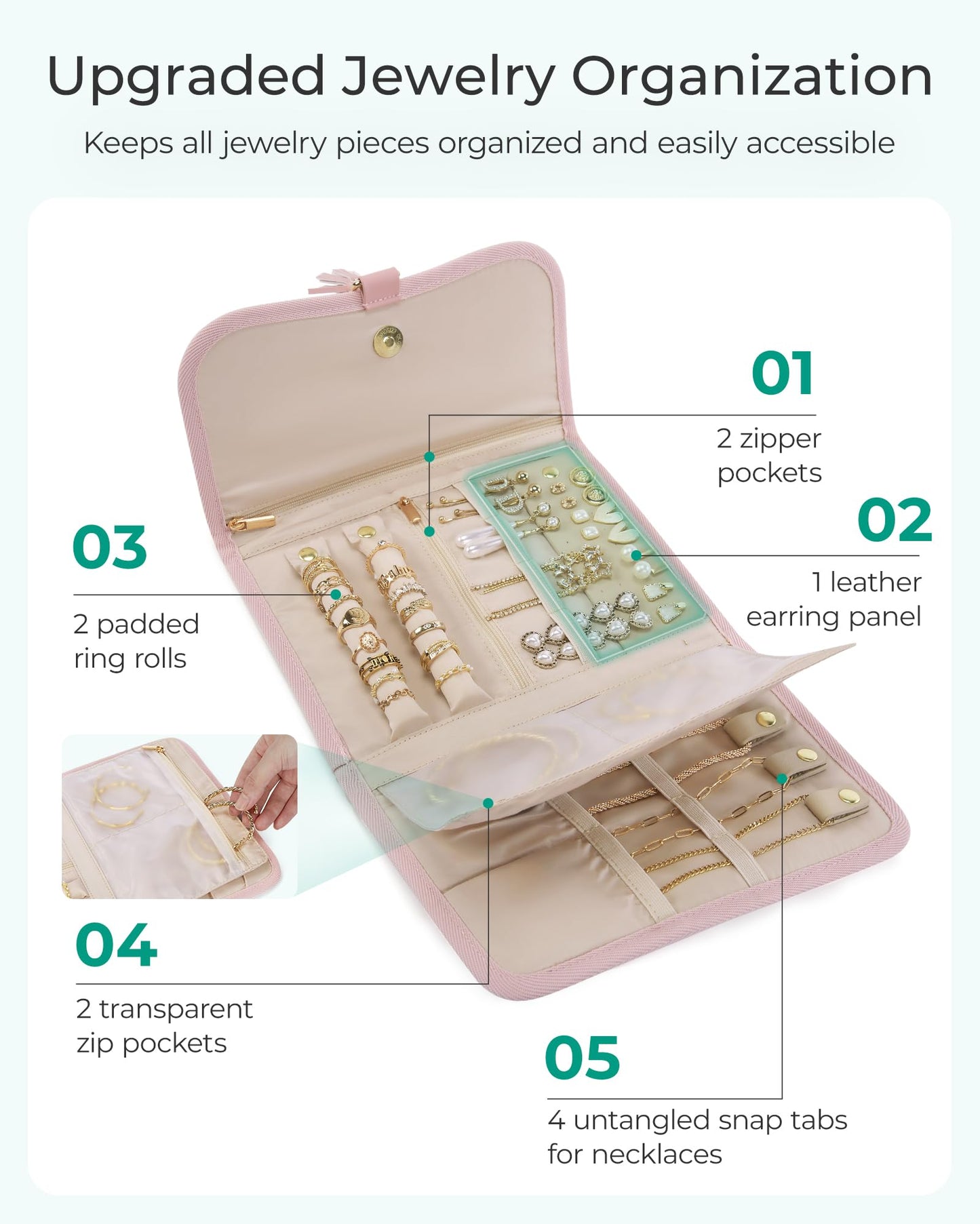 BAGSMART Travel Jewelry Case Organizer, Roll Foldable Jewelry Case for Journey-Rings, Necklaces, Earrings, Bracelets, Brooches, Portable Travel Essentials, Purple