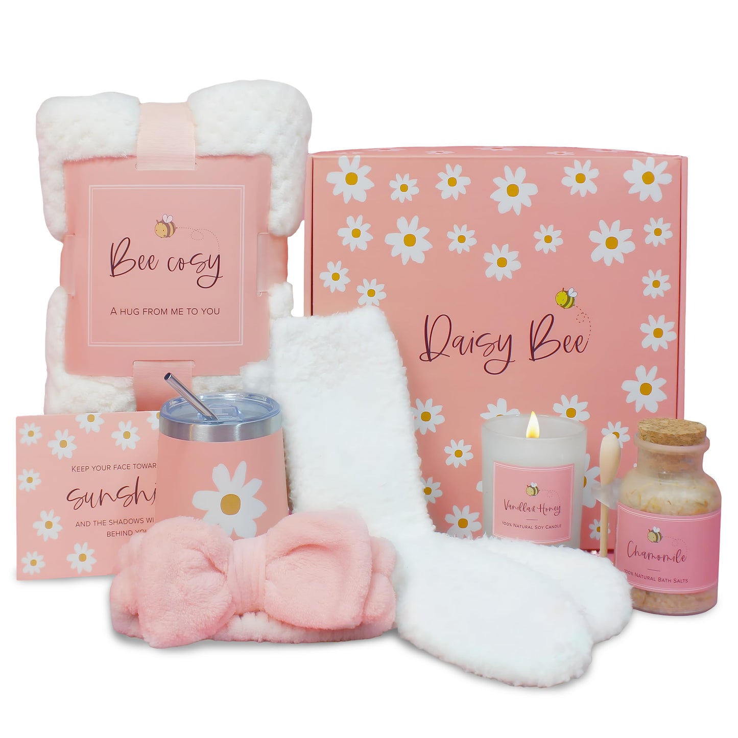 DaisyBee(7PC) Birthday Gift Hamper for Women, Get Well Soon Gift Set, Self Care Gifts for Girls with Cozy Blanket, Bow Headband, Aroma Candle, Tumbler, Mothers Day Gifts, Relaxation Care Package Set