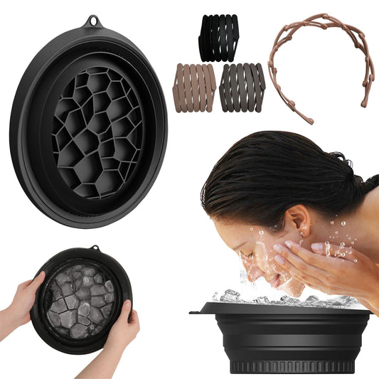 Face Ice Bath Bowl Silicone Face Ice Bath Ice Facial Folding Washbasin with Built-In Ice Tray and 3 foldable hair bands, Foldable & Portable Bowl for Home Ice Water Facials (Black)