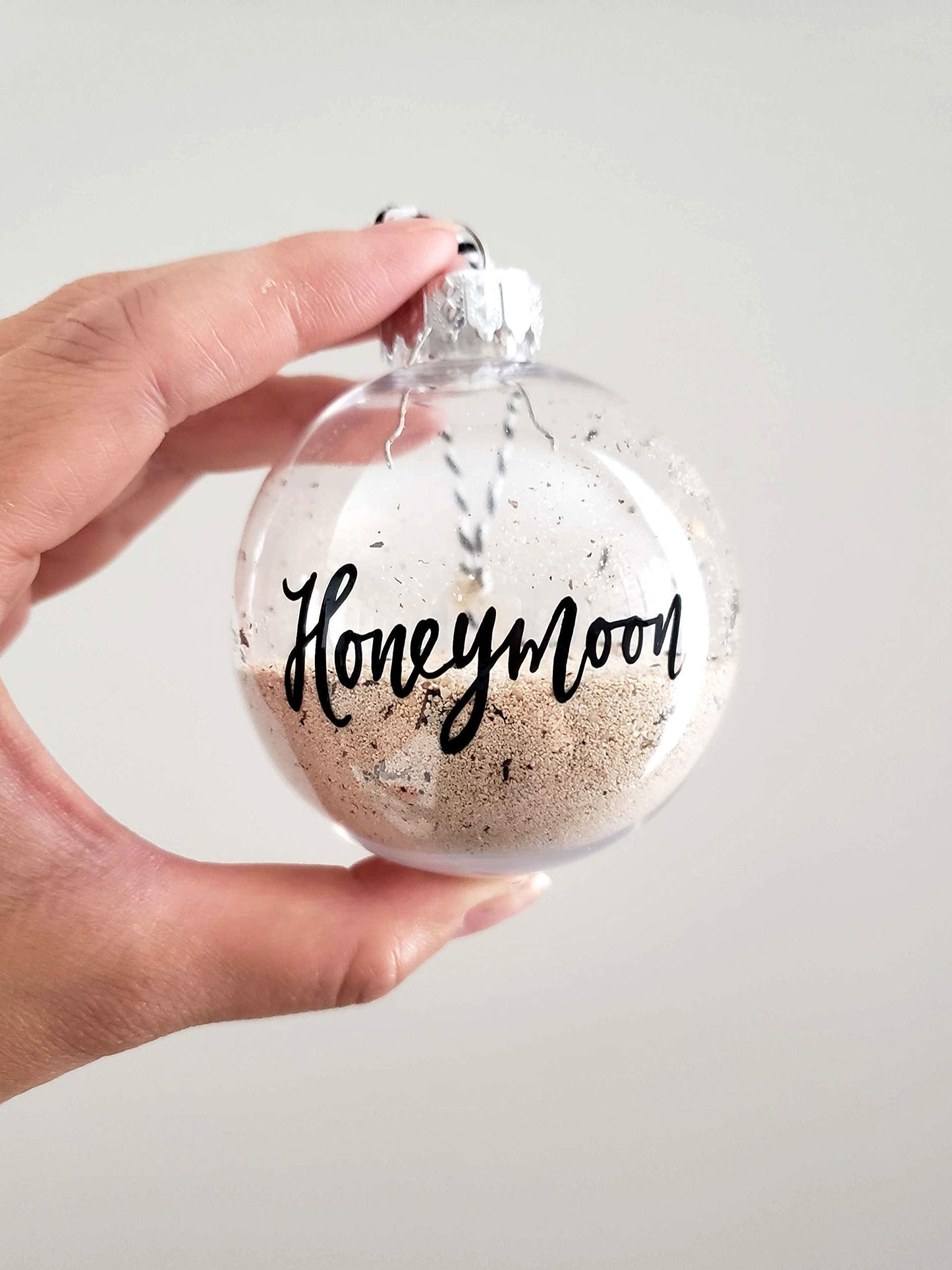 Hand Lettered Honeymoon Sand Christmas Ornament, Travel Gift for Bridal Shower - 2.5 inch Diameter, Plastic & Shatterproof