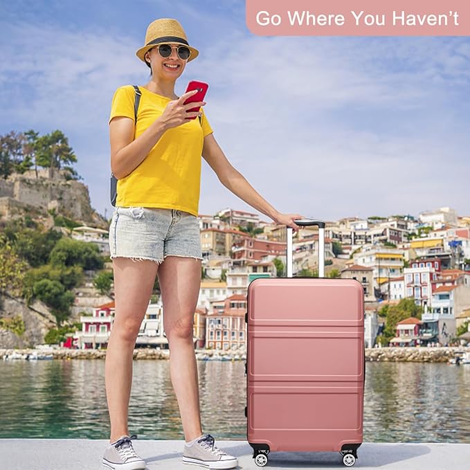 Kono 4 Piece Luggage Sets Expandable(only 28") Lightweight with Spinner Wheels TSA Lock Hardside Travel Rolling Suitcases 20in 24in 28in Carry on and 12in Mini Cosmetic Case Nude/Rose Pink